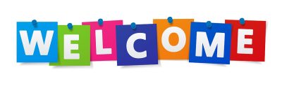 The word 'welcome' is made up of each letter on a brightly-coloured card, hanging on a washing line held with blue pegs.