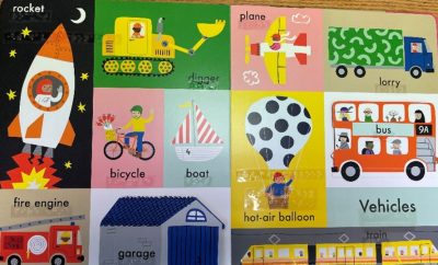 A page from a board book in our collection for braille reading adults sharing with sighted children. There are multiple pictures on the page, labelled in print and braille
